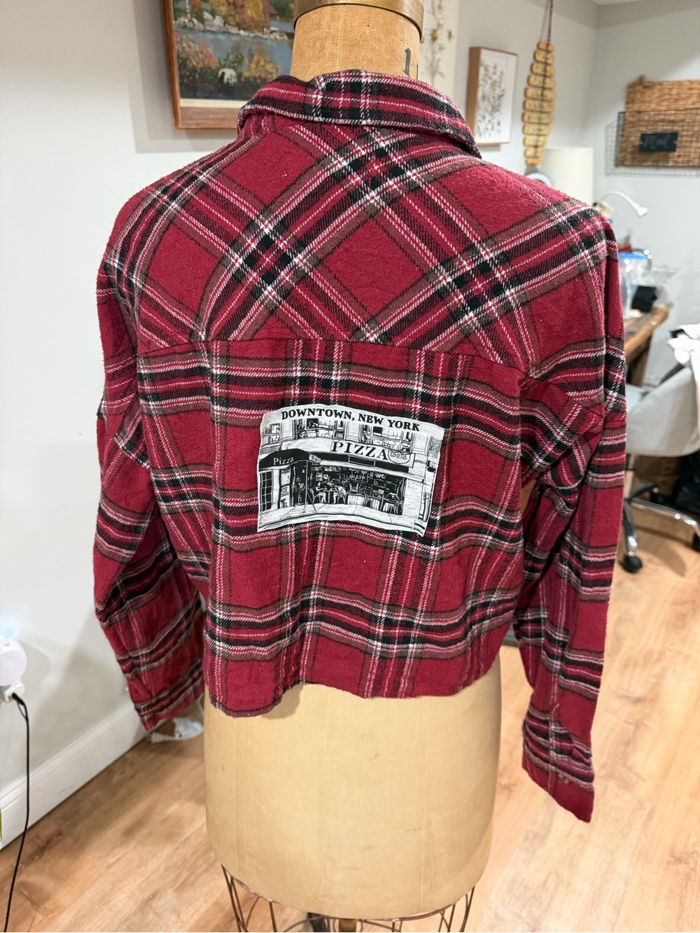 Ci Sono Red Plaid Cropped Flannel Jacket with Back Patch